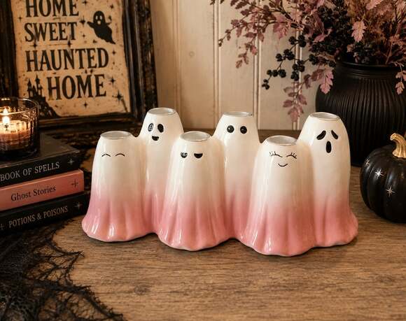 Unbranded Other - New Ceramic Halloween Spooky White W/ Pink Ghost Family 6 Candle Holder Decor